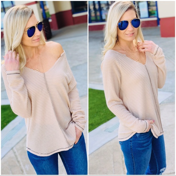 CASUAL FRIDAY WAFFLE KNIT TOP-OATMEAL - Picture 4 of 6
